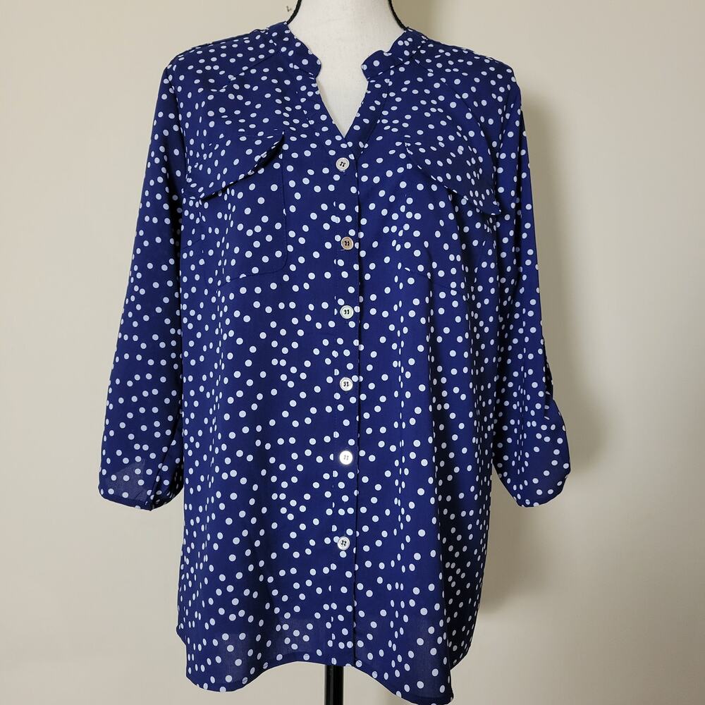 Notations L Tunic Top 3/4 Roll Tab Sleeve Stand Up V-Neck Polka Dot bBouse